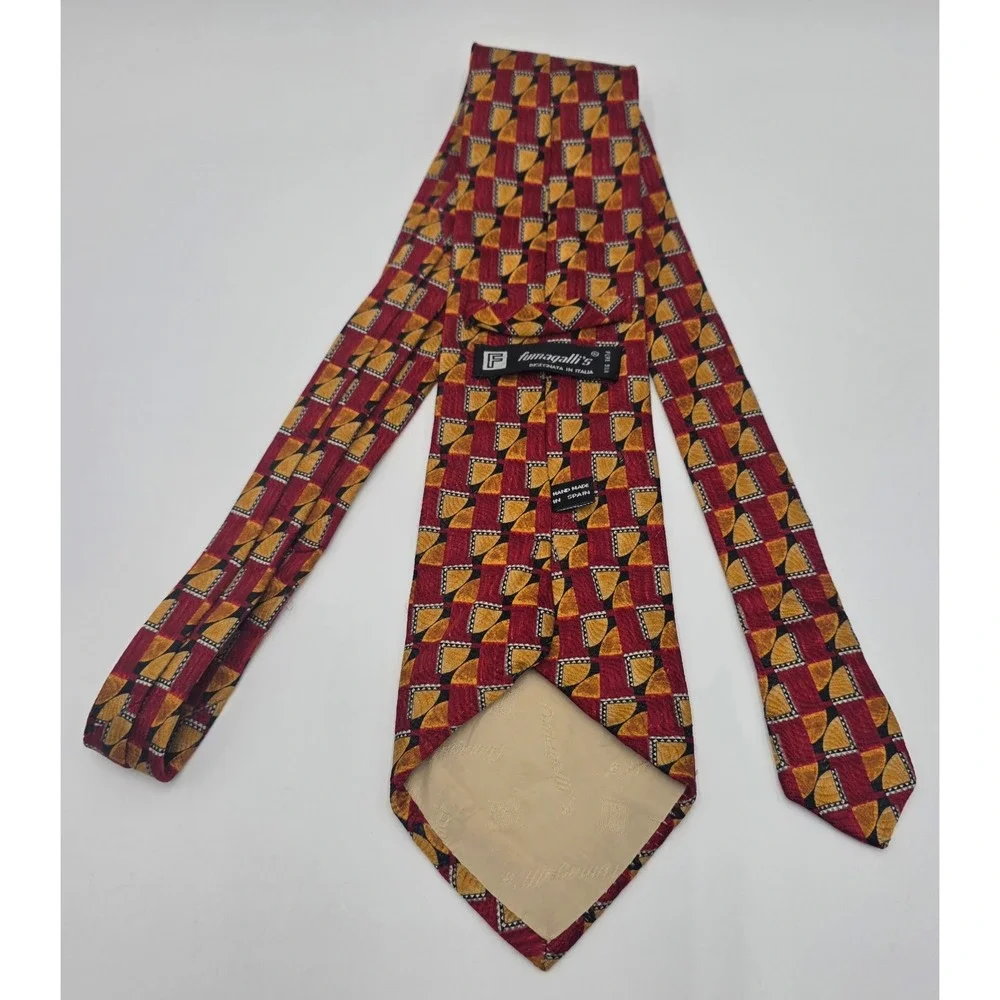 Fumagalli's Men's Vintage Silk Tie Red Gold Geometric Made in Spain